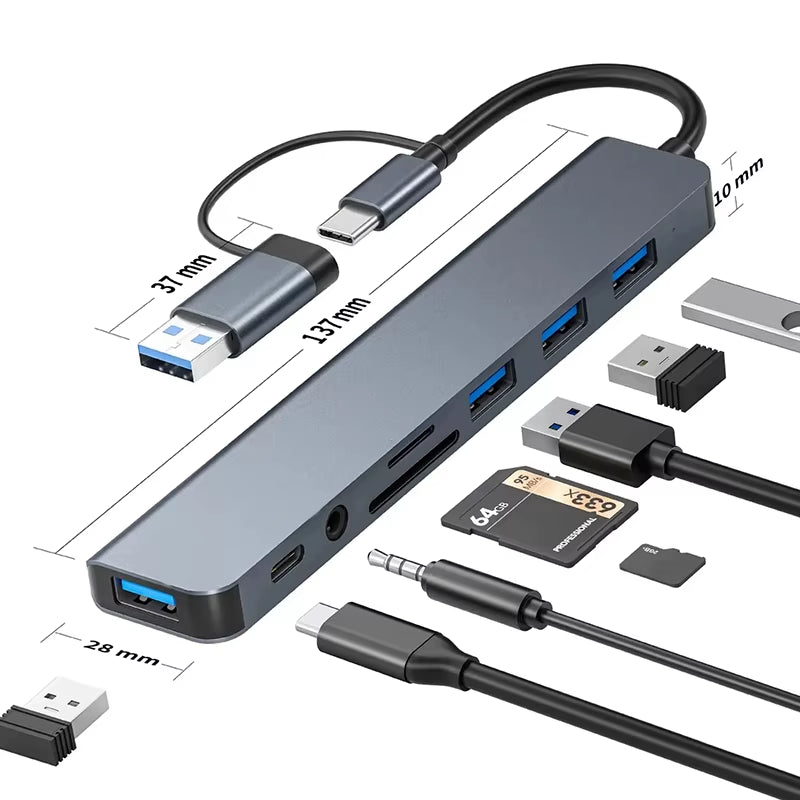 USB C Hub USB Splitter 8 in 1 USB Extender with 4 USB Port 1 USBC Port TF/SD Card Reader Audio Output Compatible for Macbook